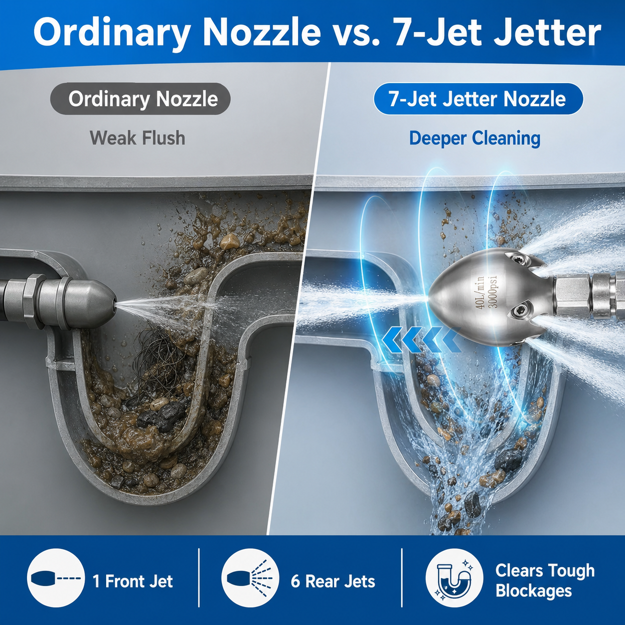⚡3/8” NPT High Pressure Sewer Jetter Nozzle for Pressure Washer（40 L/Min, 3000 PSI）