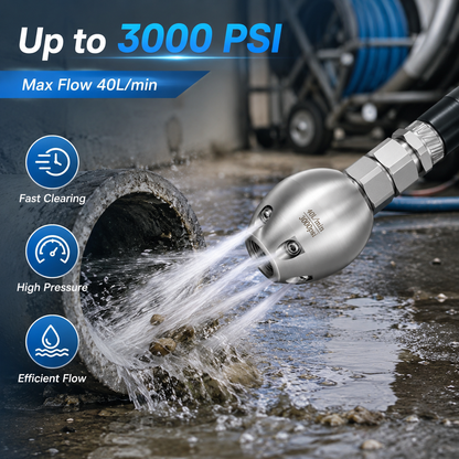 ⚡3/8” NPT High Pressure Sewer Jetter Nozzle for Pressure Washer（40 L/Min, 3000 PSI）