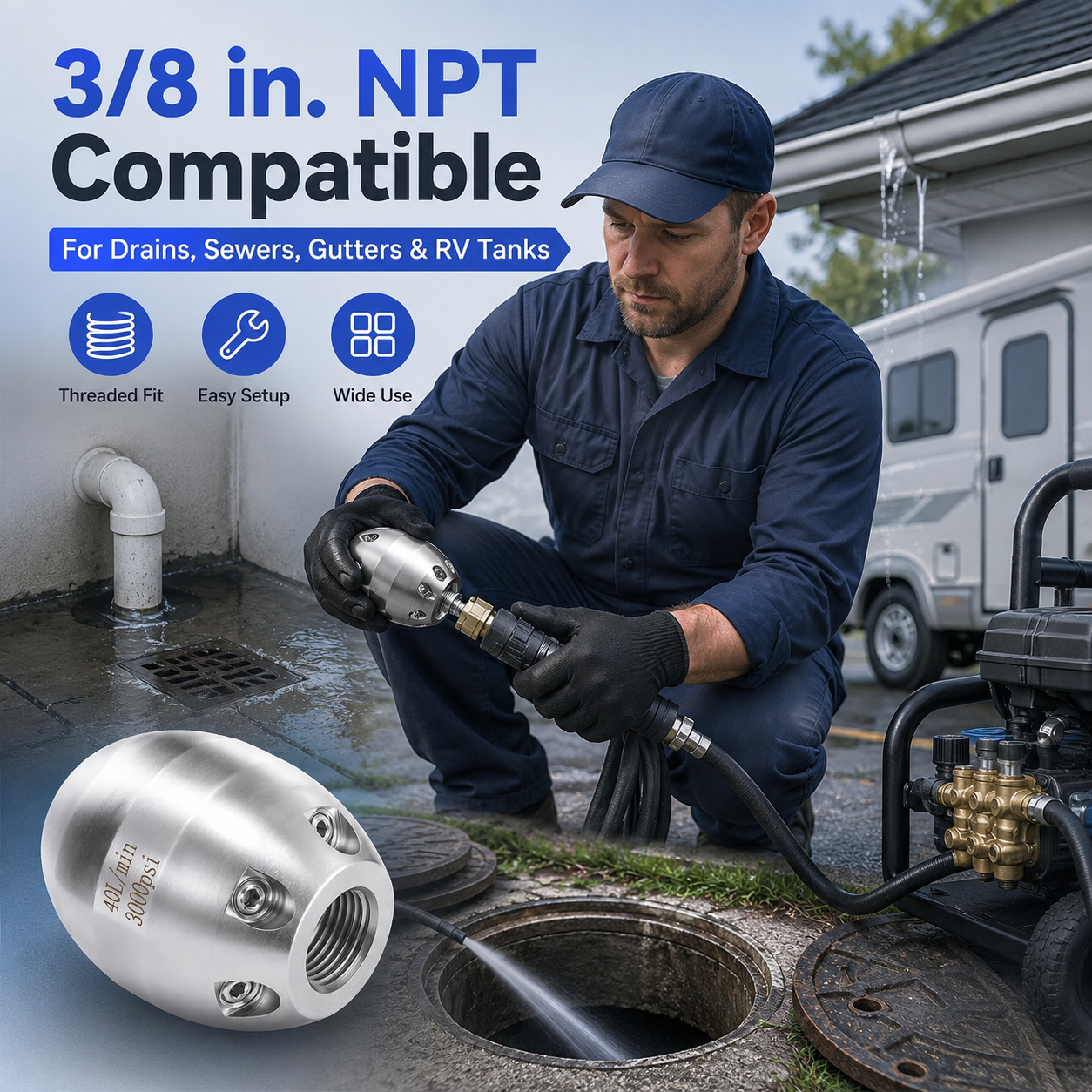 ⚡3/8” NPT High Pressure Sewer Jetter Nozzle for Pressure Washer（40 L/Min, 3000 PSI）