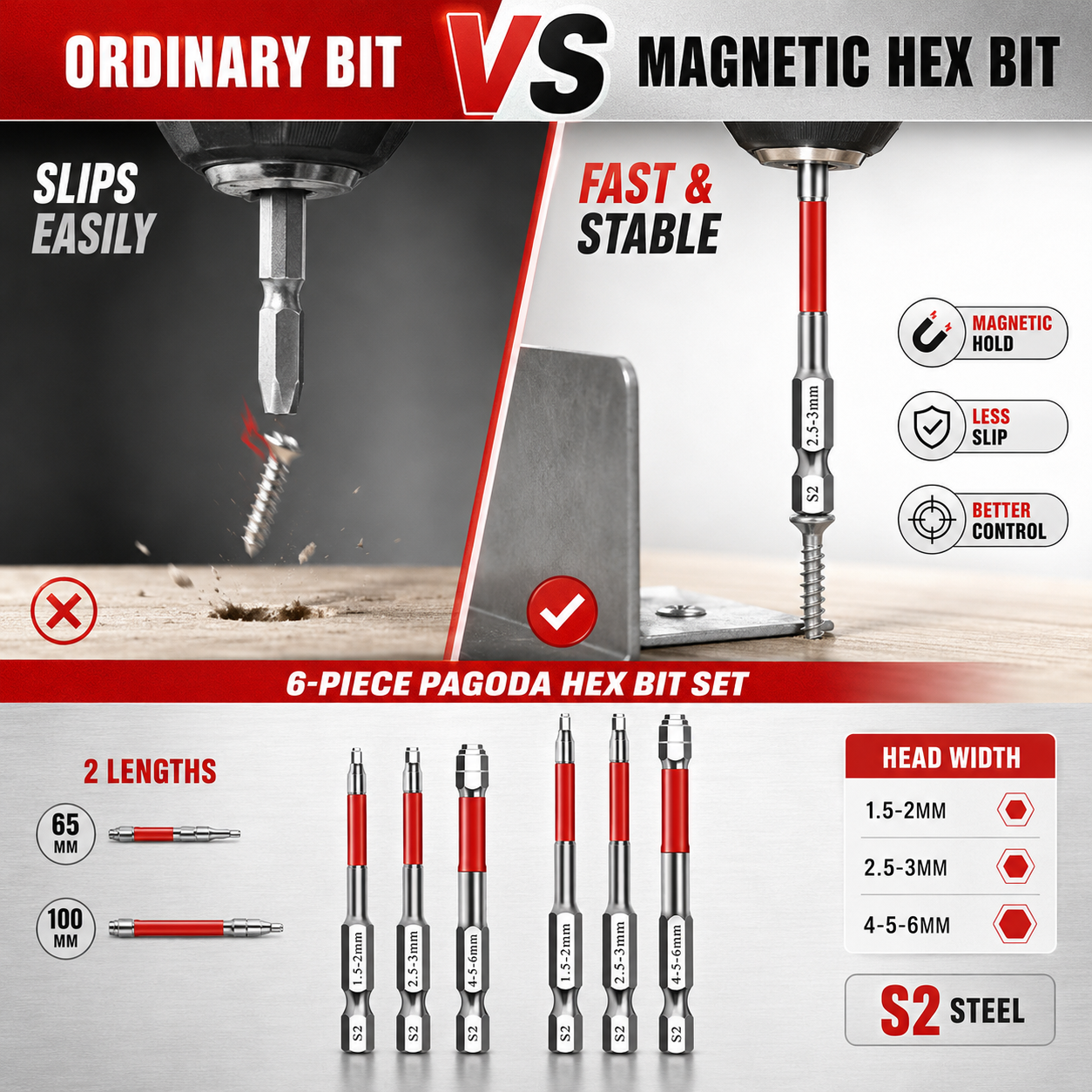 🔥6-Piece Screwdriver Bit Set: Featuring magnetic hexagonal shanks and a unique pagoda-shaped internal hex design