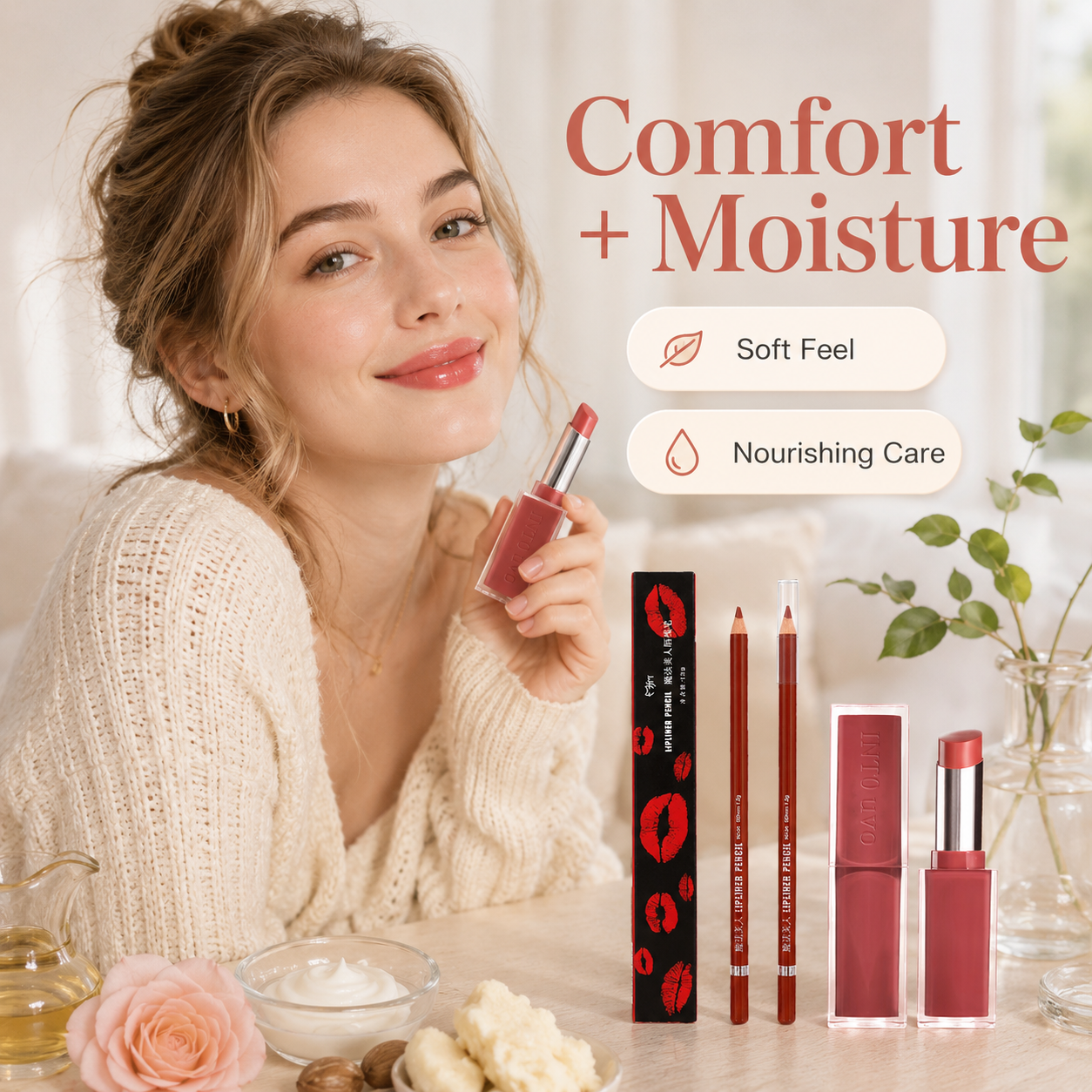 🔥Dual-Ended Lip Duo: Long-Lasting Waterproof Lip Liner + High-Gloss Lip Glaze Pen