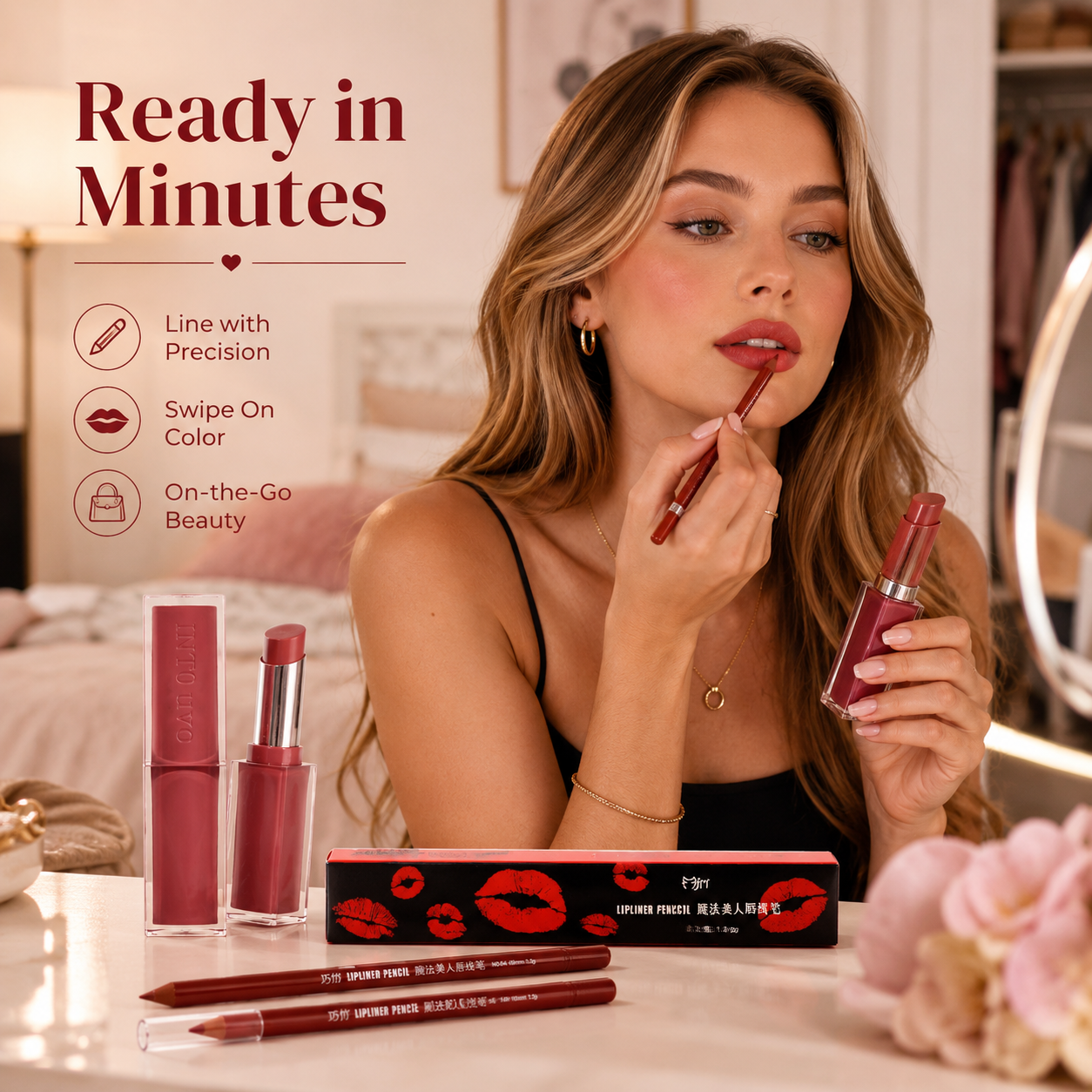 🔥Dual-Ended Lip Duo: Long-Lasting Waterproof Lip Liner + High-Gloss Lip Glaze Pen