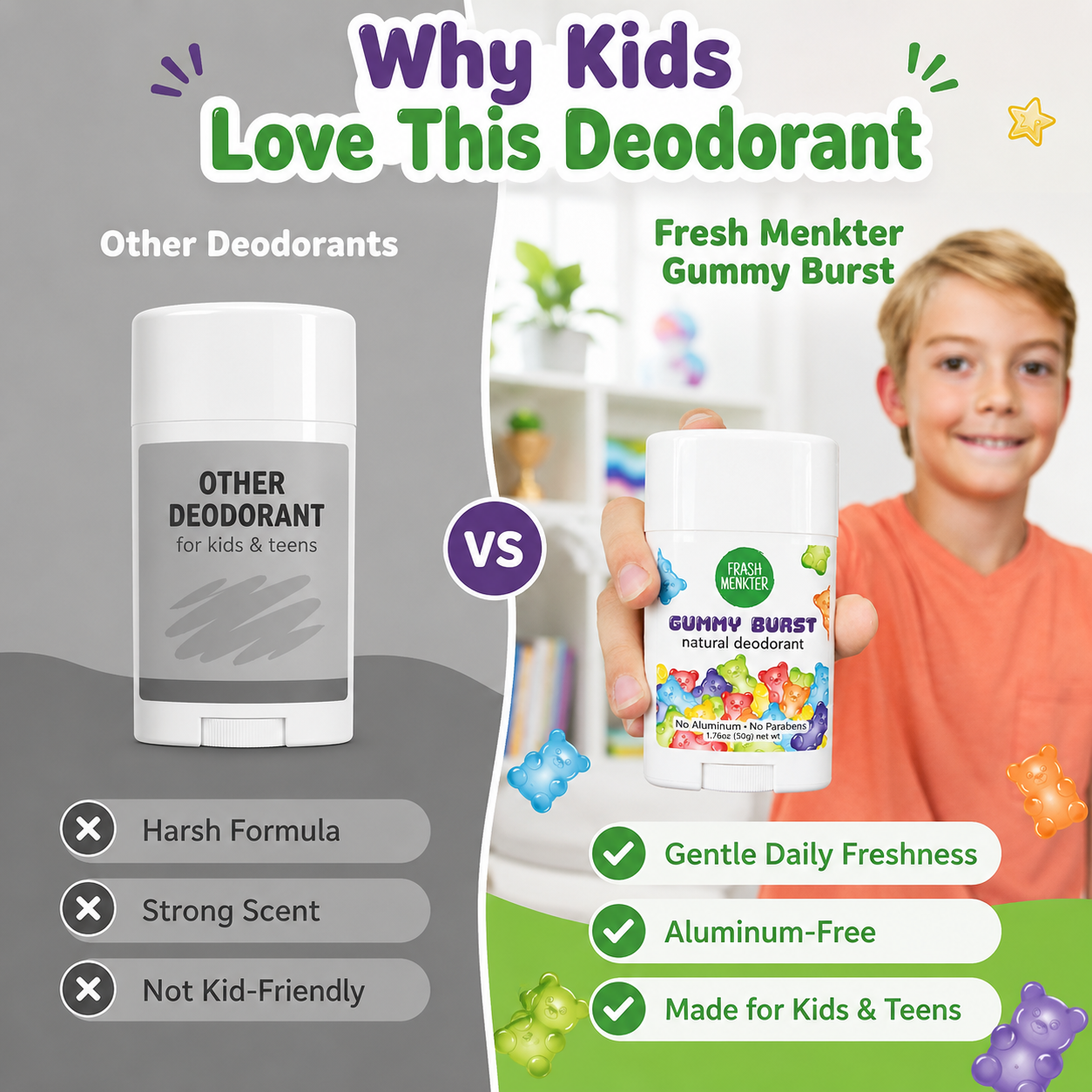 🌿Natural Deodorant for Kids & Teens, Aluminum Free, Paraben Free, Hypoallergenic Deodorant