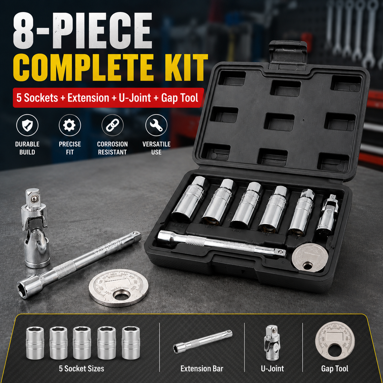 🔥3/8-Inch Drive 6-Point CR-V Steel Spark Plug Socket Wrench Set (8-Piece) 🛠️