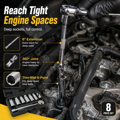 🔥3/8-Inch Drive 6-Point CR-V Steel Spark Plug Socket Wrench Set (8-Piece) 🛠️