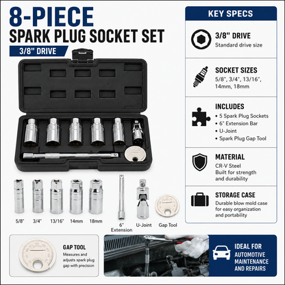 🔥3/8-Inch Drive 6-Point CR-V Steel Spark Plug Socket Wrench Set (8-Piece) 🛠️
