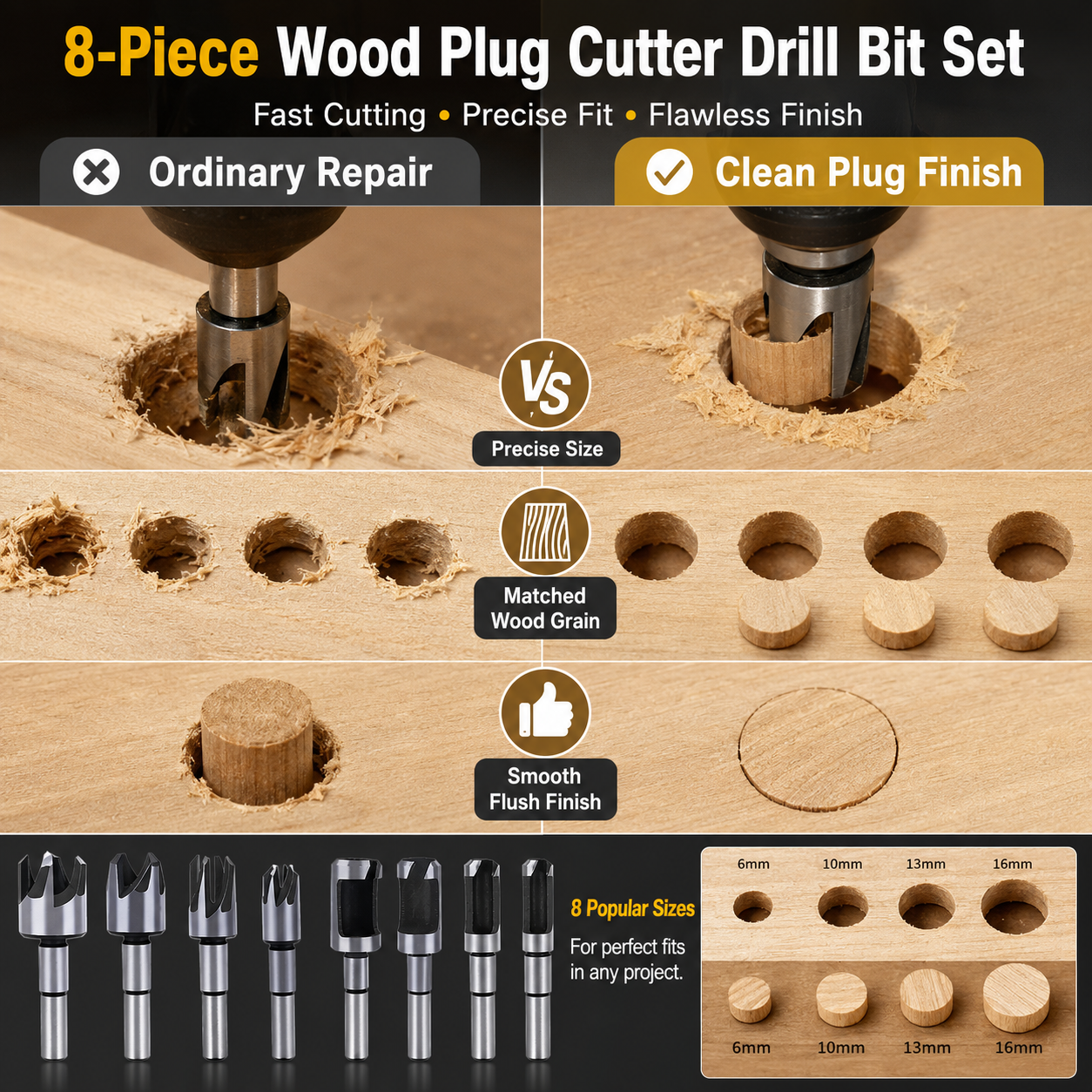 🔥8Pcs Wood Plug Cutter Drill Bit Set | Straight & Tapered Wood Hole Plug Making Bits