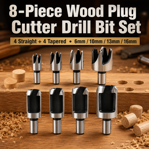 🔥8Pcs Wood Plug Cutter Drill Bit Set | Straight & Tapered Wood Hole Plug Making Bits