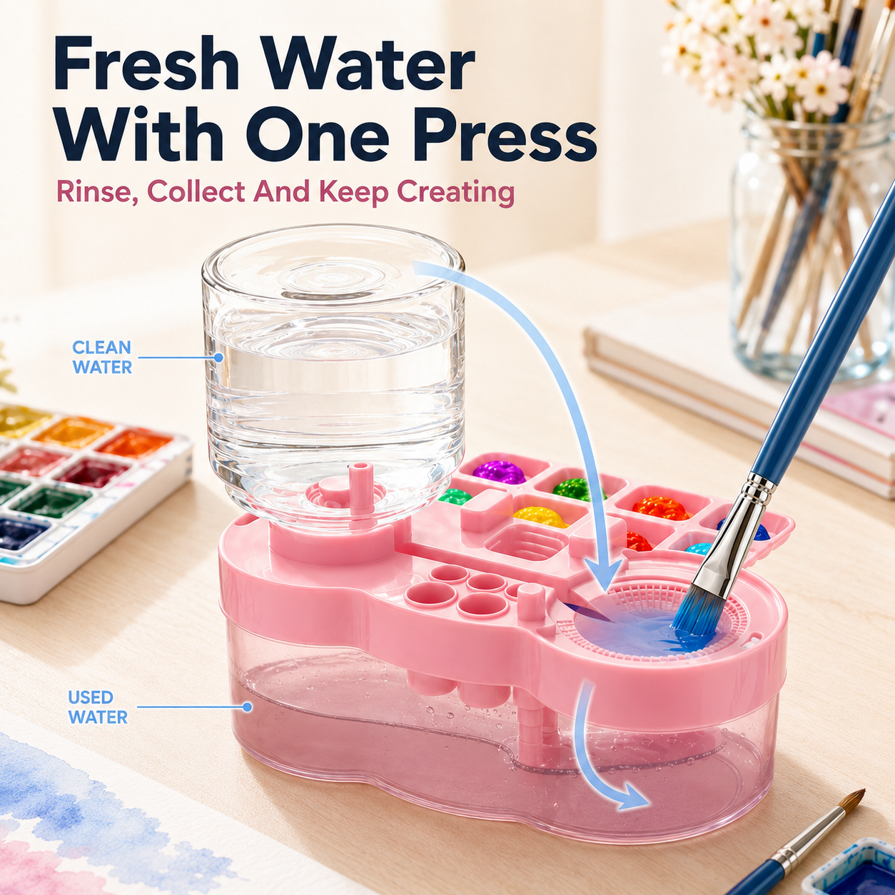 🎨 All-in-One Paint Brush Washer & Mixing Palette – Fresh Water Rinse Station