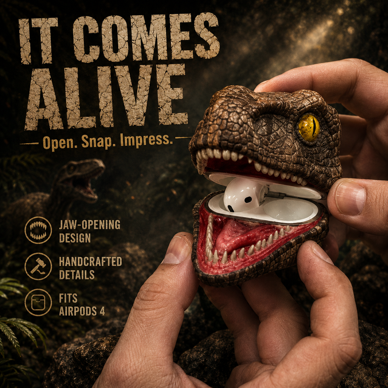 🦖 Velociraptor AirPods 4 Case – Handcrafted Dinosaur Head Cover