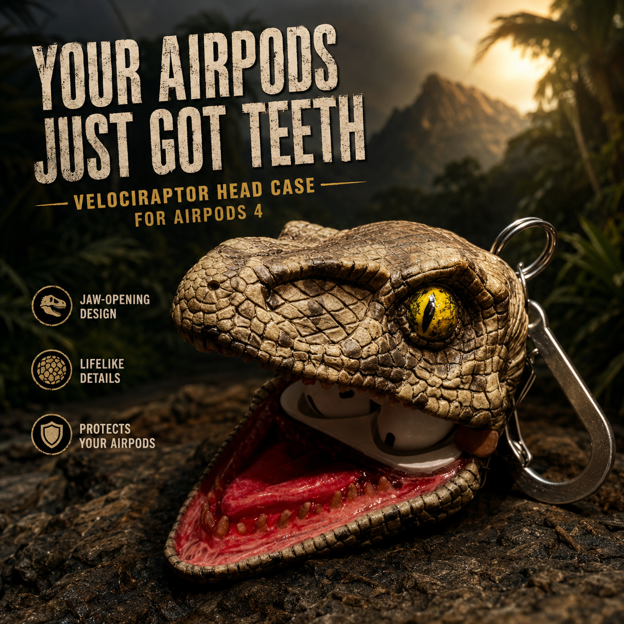 🦖 Velociraptor AirPods 4 Case – Handcrafted Dinosaur Head Cover