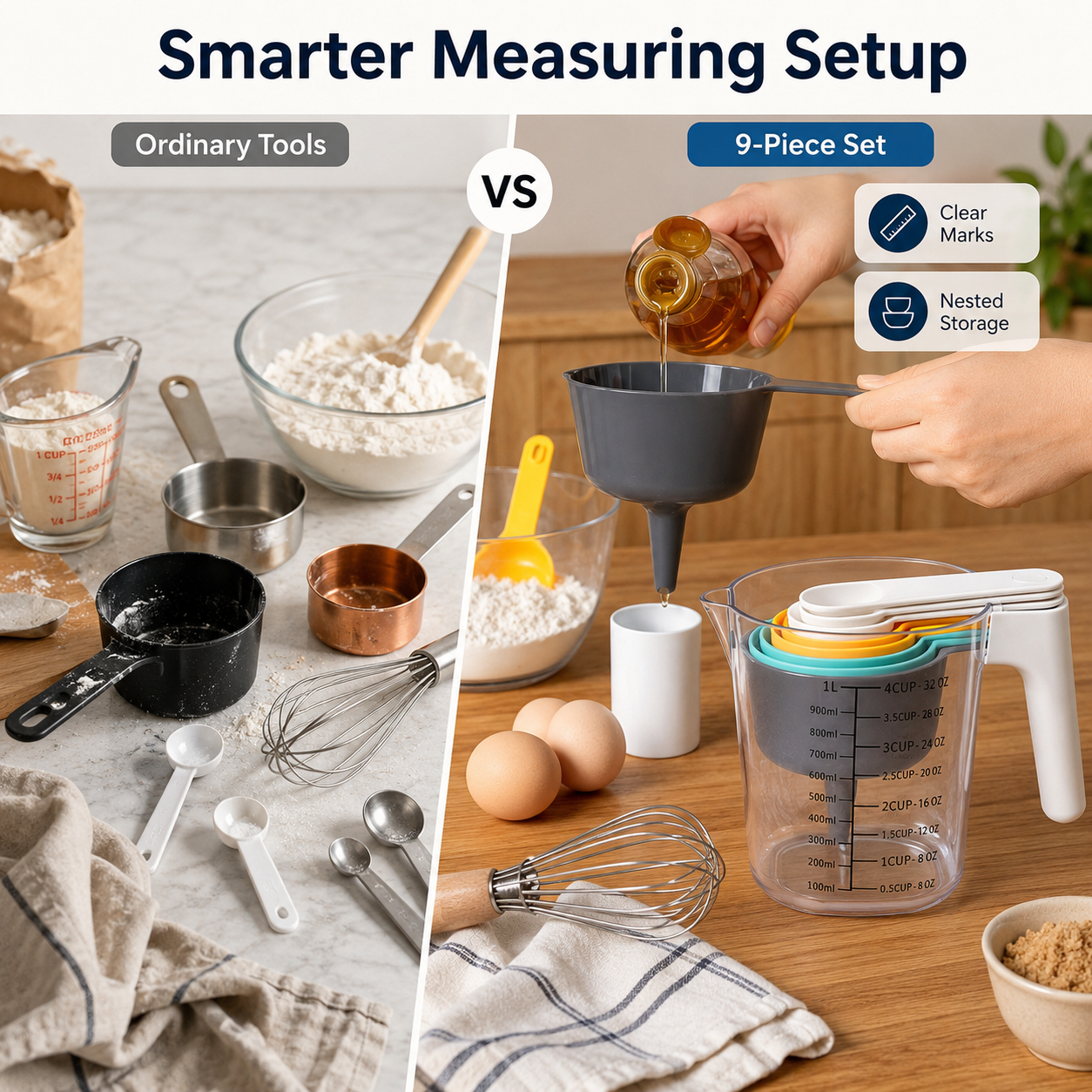 🔥9-Piece Measuring Set, Durable Plastic Measuring Cups and Spoons With Funnel and Leveler