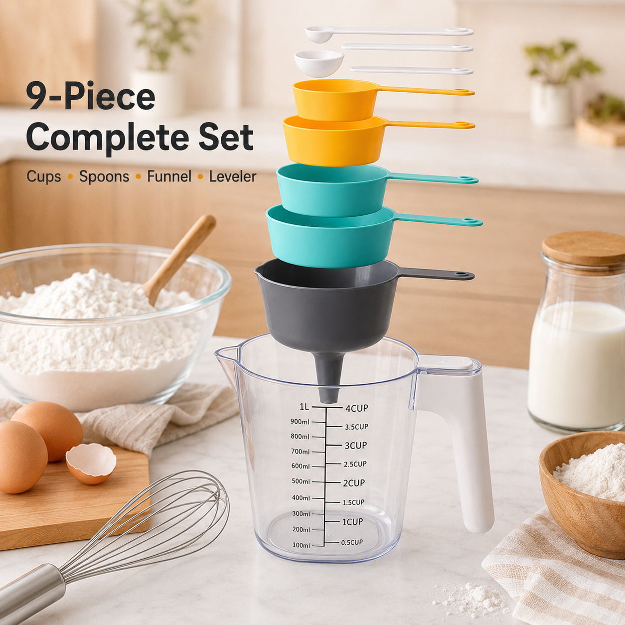🔥9-Piece Measuring Set, Durable Plastic Measuring Cups and Spoons With Funnel and Leveler