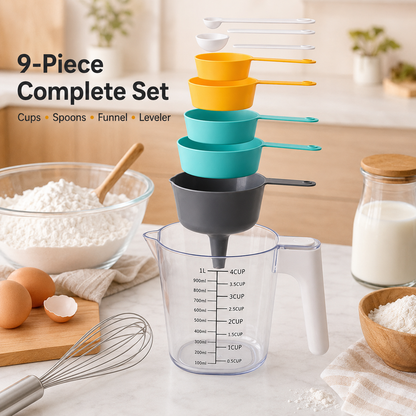 🔥9-Piece Measuring Set, Durable Plastic Measuring Cups and Spoons With Funnel and Leveler