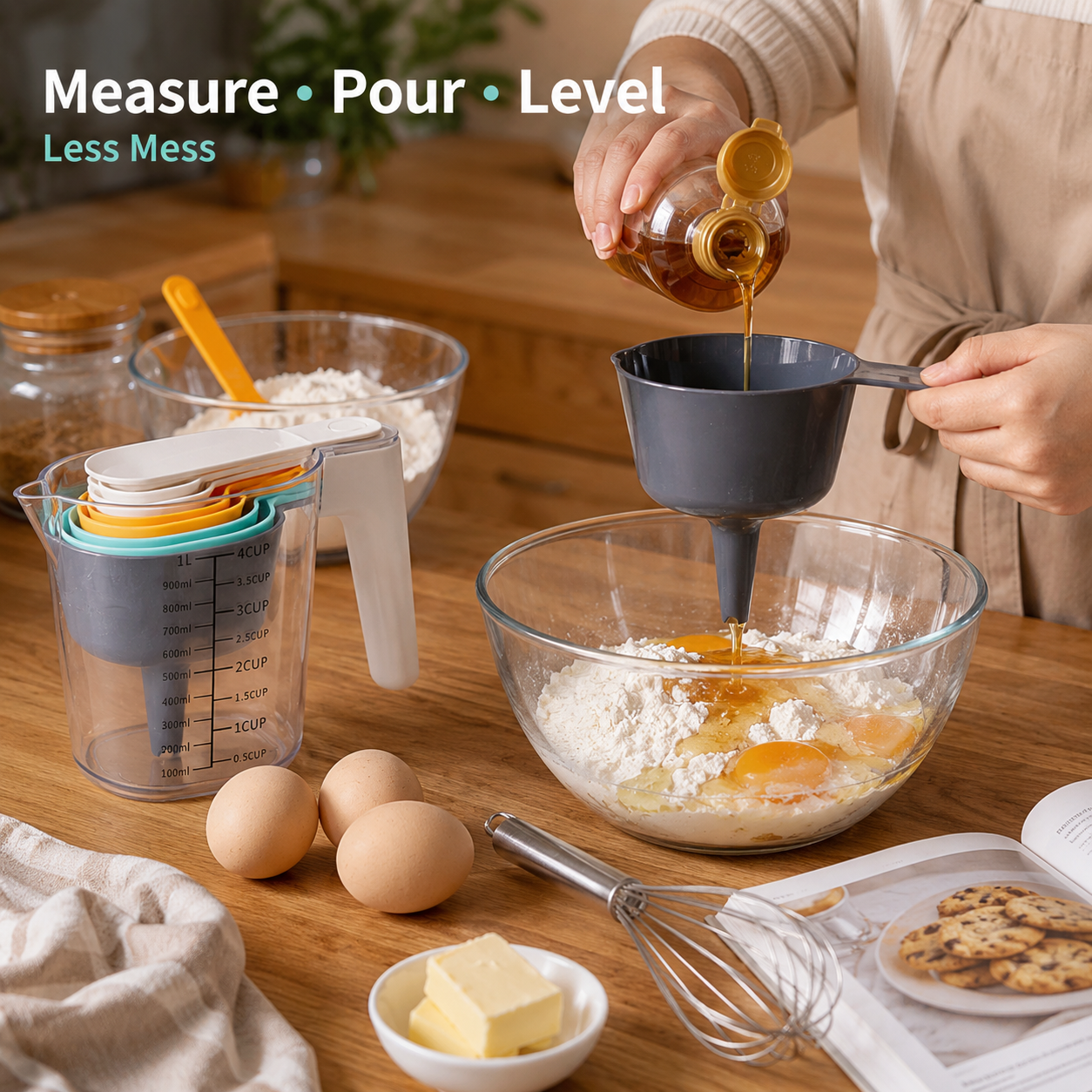 🔥9-Piece Measuring Set, Durable Plastic Measuring Cups and Spoons With Funnel and Leveler