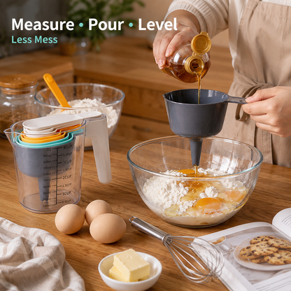 🔥9-Piece Measuring Set, Durable Plastic Measuring Cups and Spoons With Funnel and Leveler