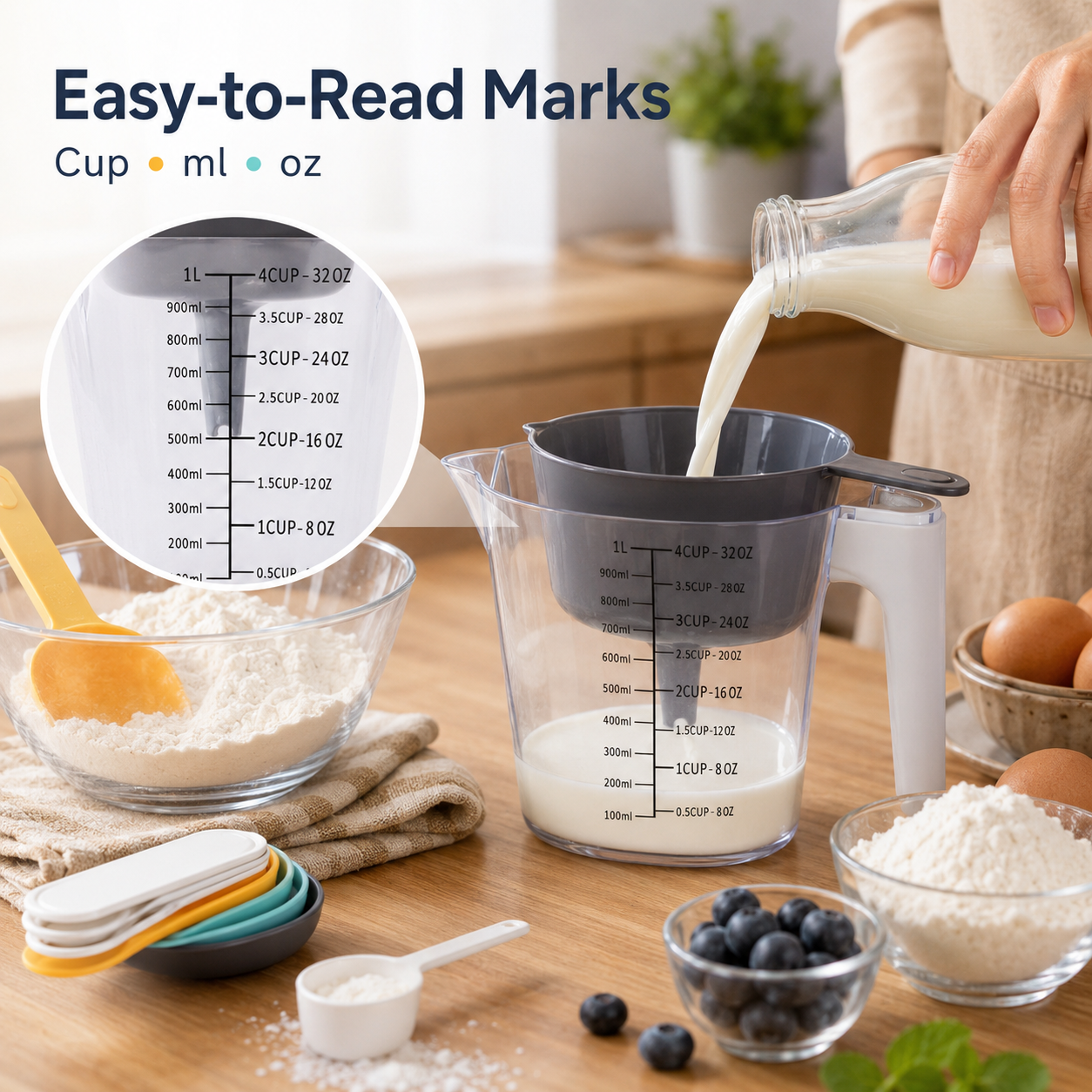 🔥9-Piece Measuring Set, Durable Plastic Measuring Cups and Spoons With Funnel and Leveler