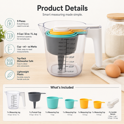 🔥9-Piece Measuring Set, Durable Plastic Measuring Cups and Spoons With Funnel and Leveler