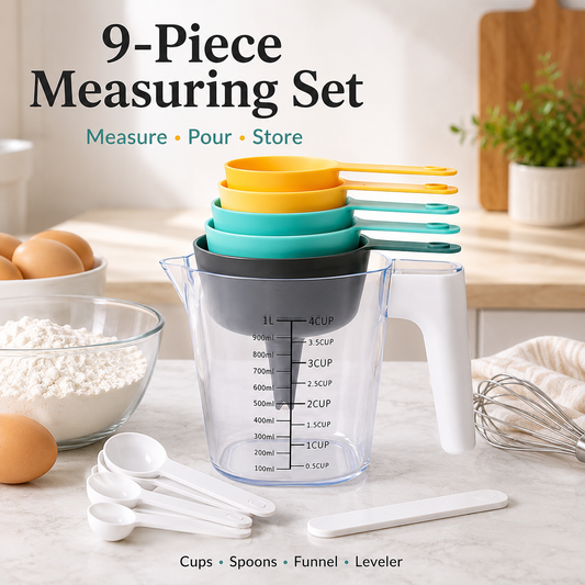 🔥9-Piece Measuring Set, Durable Plastic Measuring Cups and Spoons With Funnel and Leveler