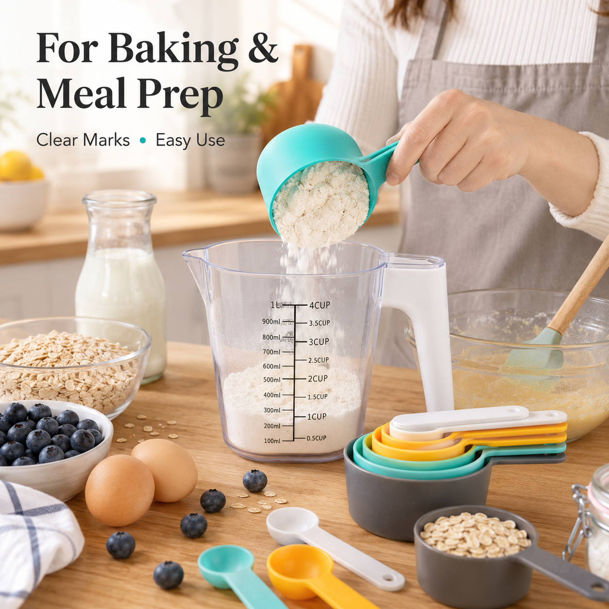 🔥9-Piece Measuring Set, Durable Plastic Measuring Cups and Spoons With Funnel and Leveler