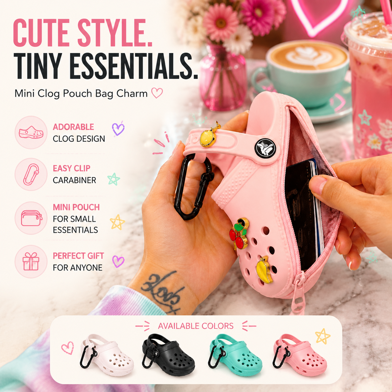 ✨ Mini Clog Charm Pouch – Cute Bag Pendant with Carabiner Clip & Coin Holder