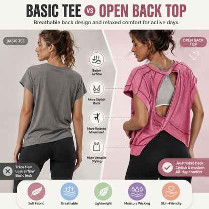🔥Women’s Open Back Workout Tops Y2K Athletic Gym Slouchy Crop Running Tees