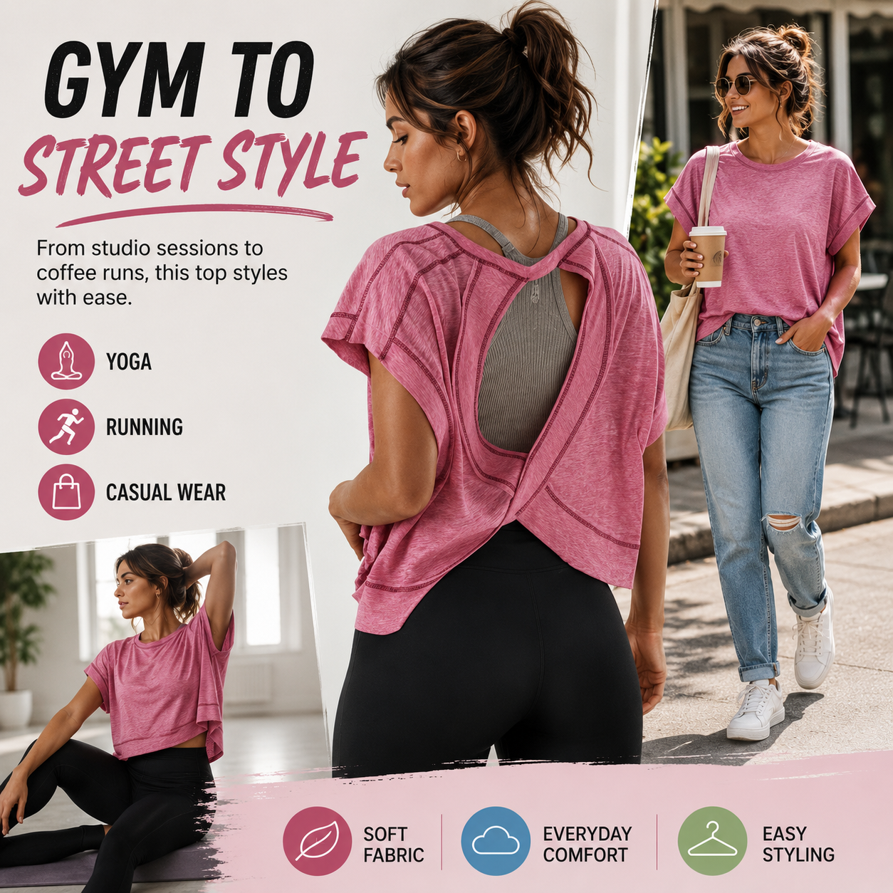 🔥Women’s Open Back Workout Tops Y2K Athletic Gym Slouchy Crop Running Tees