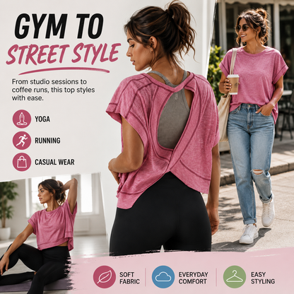 🔥Women’s Open Back Workout Tops Y2K Athletic Gym Slouchy Crop Running Tees