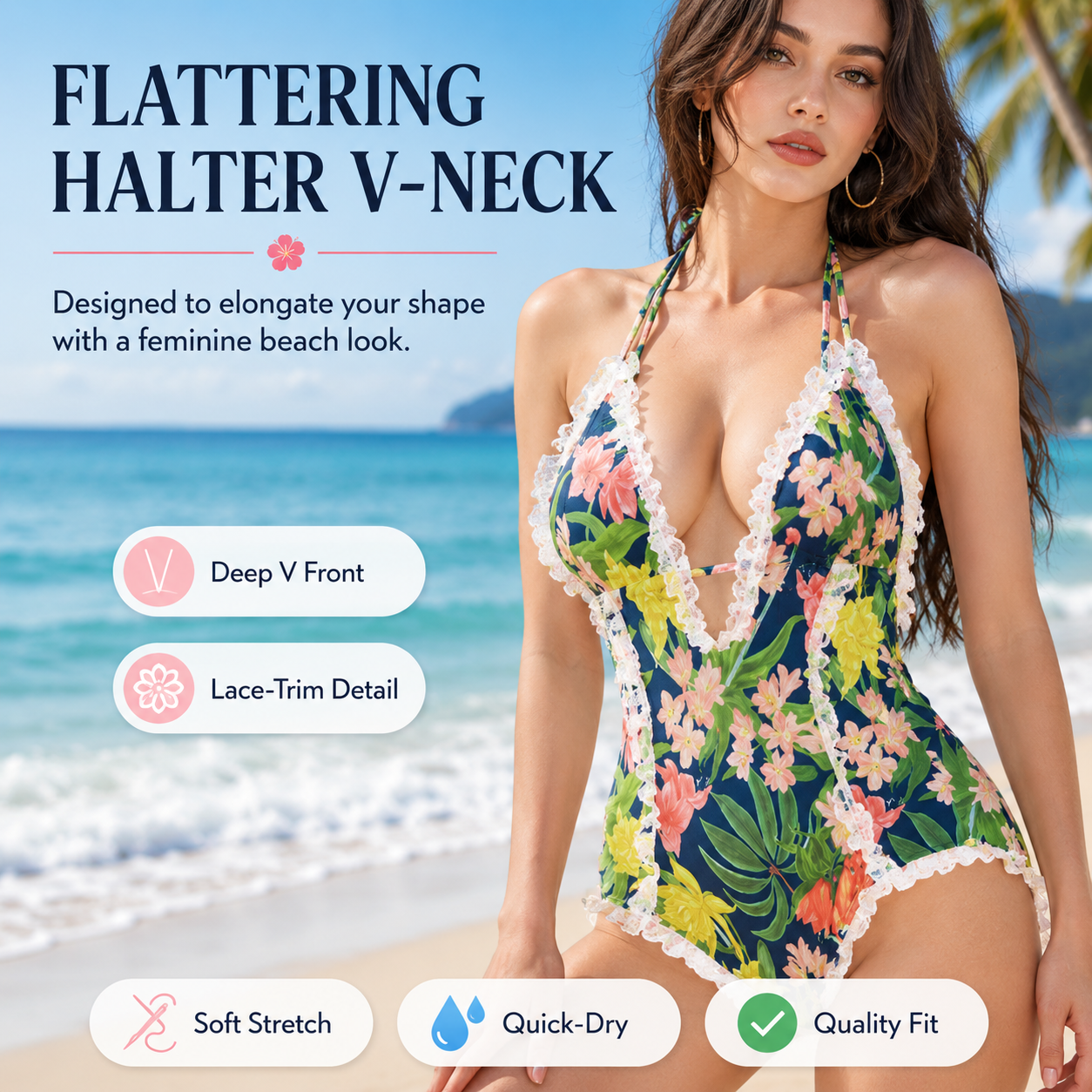 🔥🎁Women's One Piece Halter V-neck Printing Lace Adjustable Back Straps Sexy Swimsuit