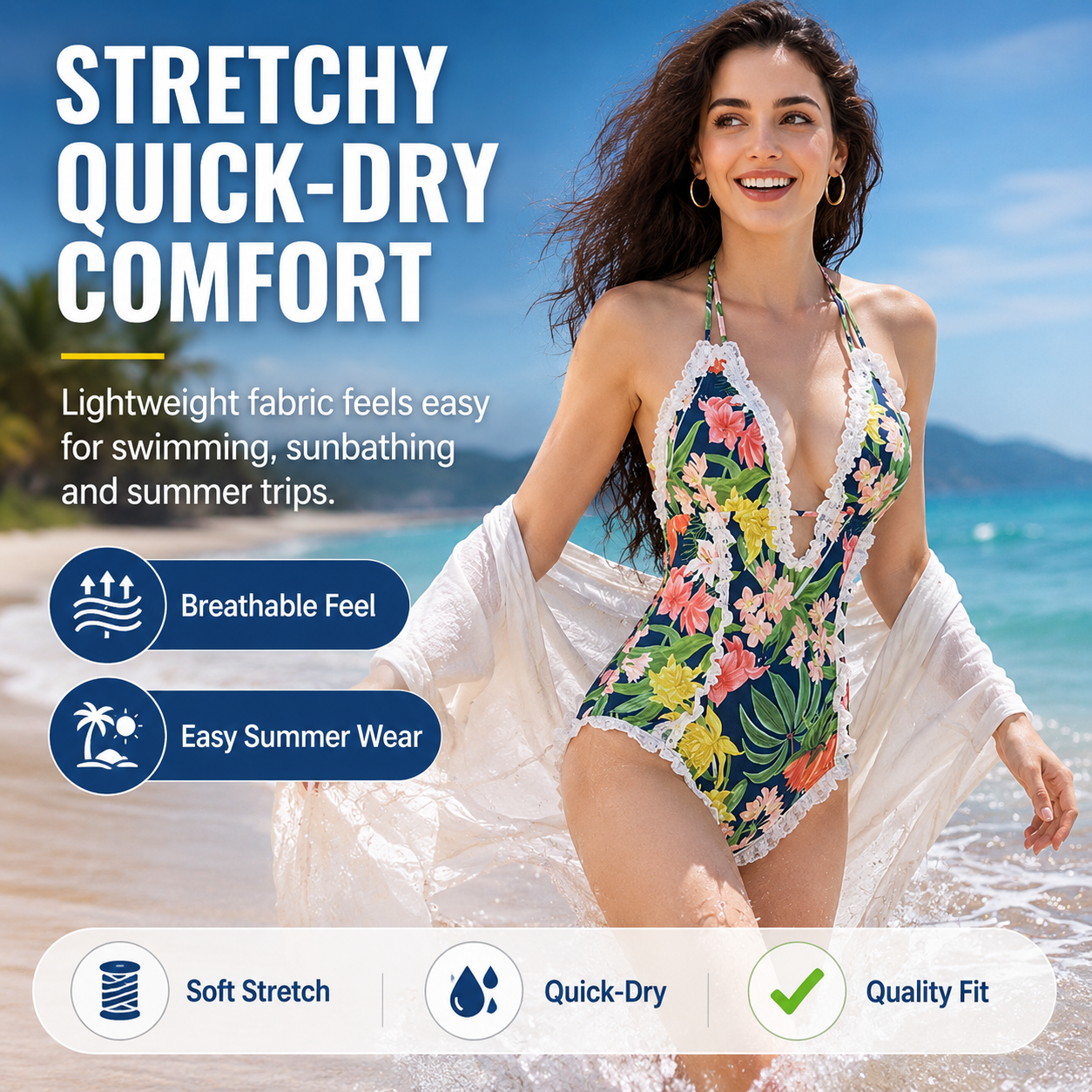 🔥🎁Women's One Piece Halter V-neck Printing Lace Adjustable Back Straps Sexy Swimsuit