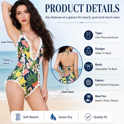 🔥🎁Women's One Piece Halter V-neck Printing Lace Adjustable Back Straps Sexy Swimsuit