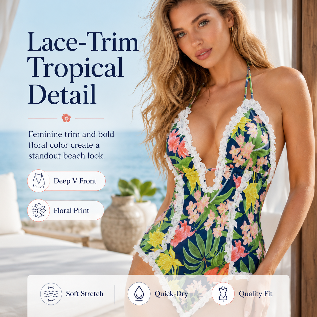 🔥🎁Women's One Piece Halter V-neck Printing Lace Adjustable Back Straps Sexy Swimsuit