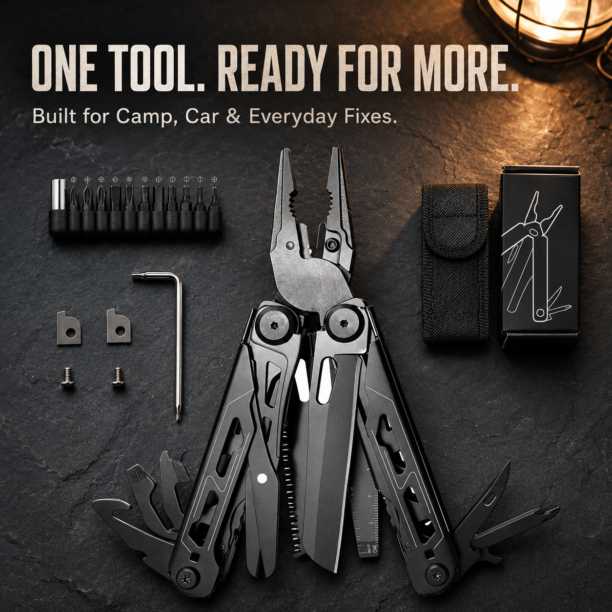 🏕️ 16-in-1 Camping Multi-Tool with Full-Size Scissors & Carrying Pouch
