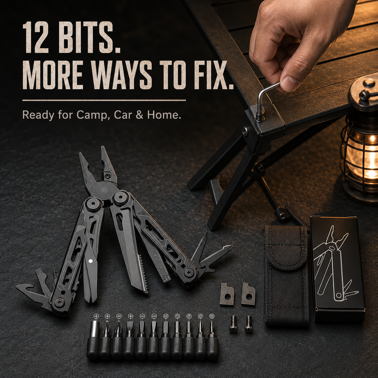 🏕️ 16-in-1 Camping Multi-Tool with Full-Size Scissors & Carrying Pouch