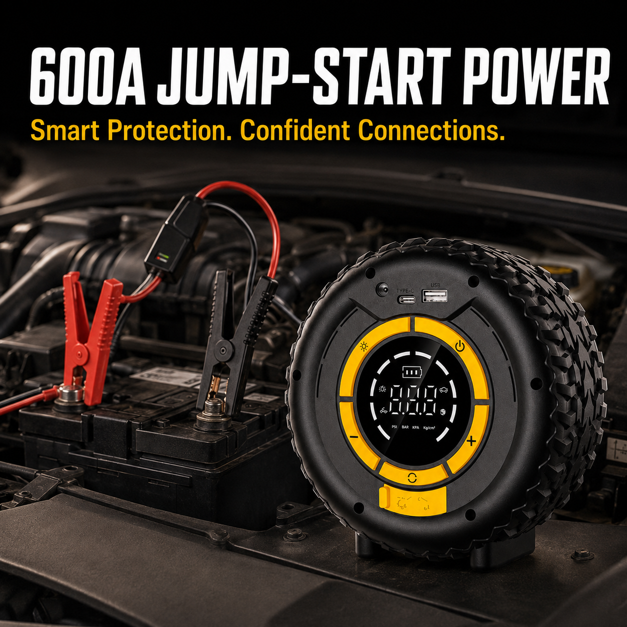 🚗 6-in-1 Portable Car Jump Starter & Tire Inflator – 600A, 8000mAh