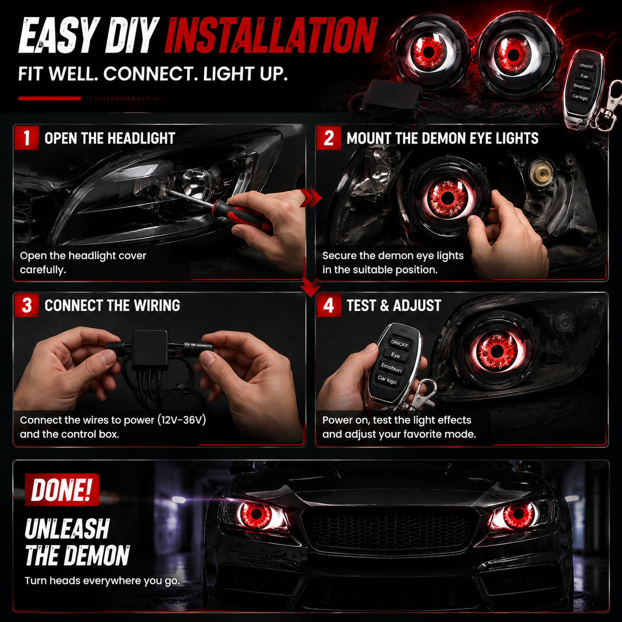 🔥 Dynamic Demon Eye LED Projector Lights – RGB Car Headlight Upgrade for Cars & Motorcycles