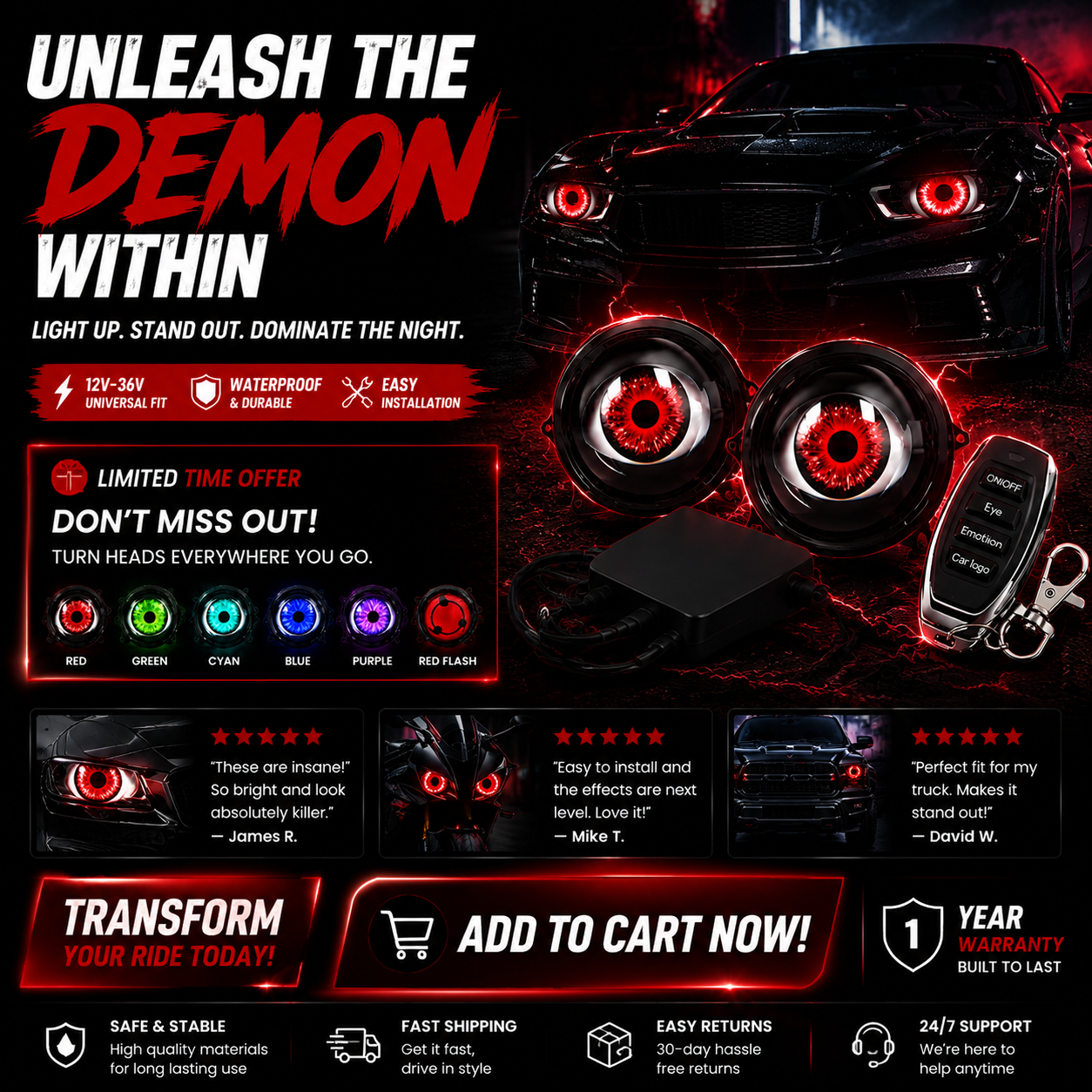 🔥 Dynamic Demon Eye LED Projector Lights – RGB Car Headlight Upgrade for Cars & Motorcycles