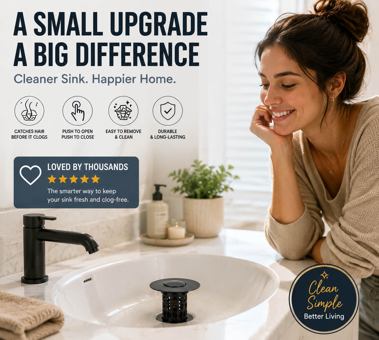 🚿 Smart Sink Drain Stopper With Hair Catcher Basket – No More Clogged Drains