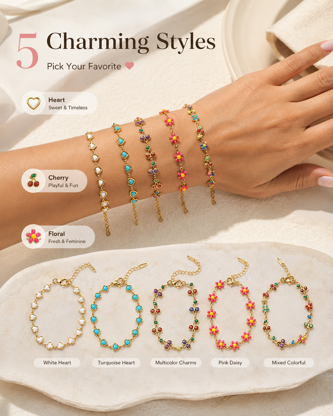 🔥Hot Sale | Cherry Heart Bracelet – Gold-Tone Versatile Fashion Jewelry