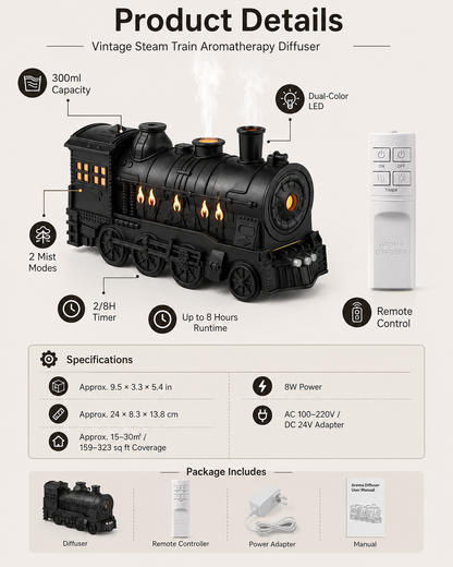 🔥Limited-Time Sale | Vintage Steam Train Humidifier – 300ML Aromatherapy Diffuser with LED Light