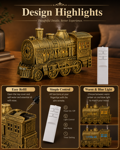 🔥Limited-Time Sale | Vintage Steam Train Humidifier – 300ML Aromatherapy Diffuser with LED Light