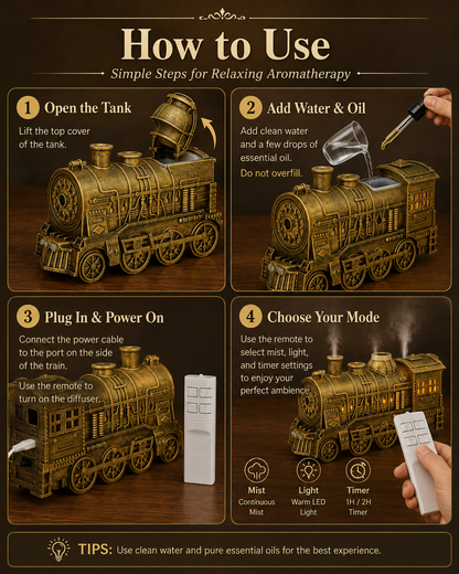 🔥Limited-Time Sale | Vintage Steam Train Humidifier – 300ML Aromatherapy Diffuser with LED Light