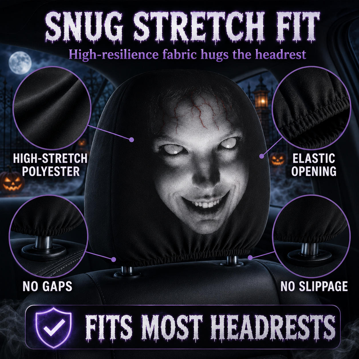 👻 Glowing-Eye Ghost Car Headrest Covers – Universal Scary Seat Protectors