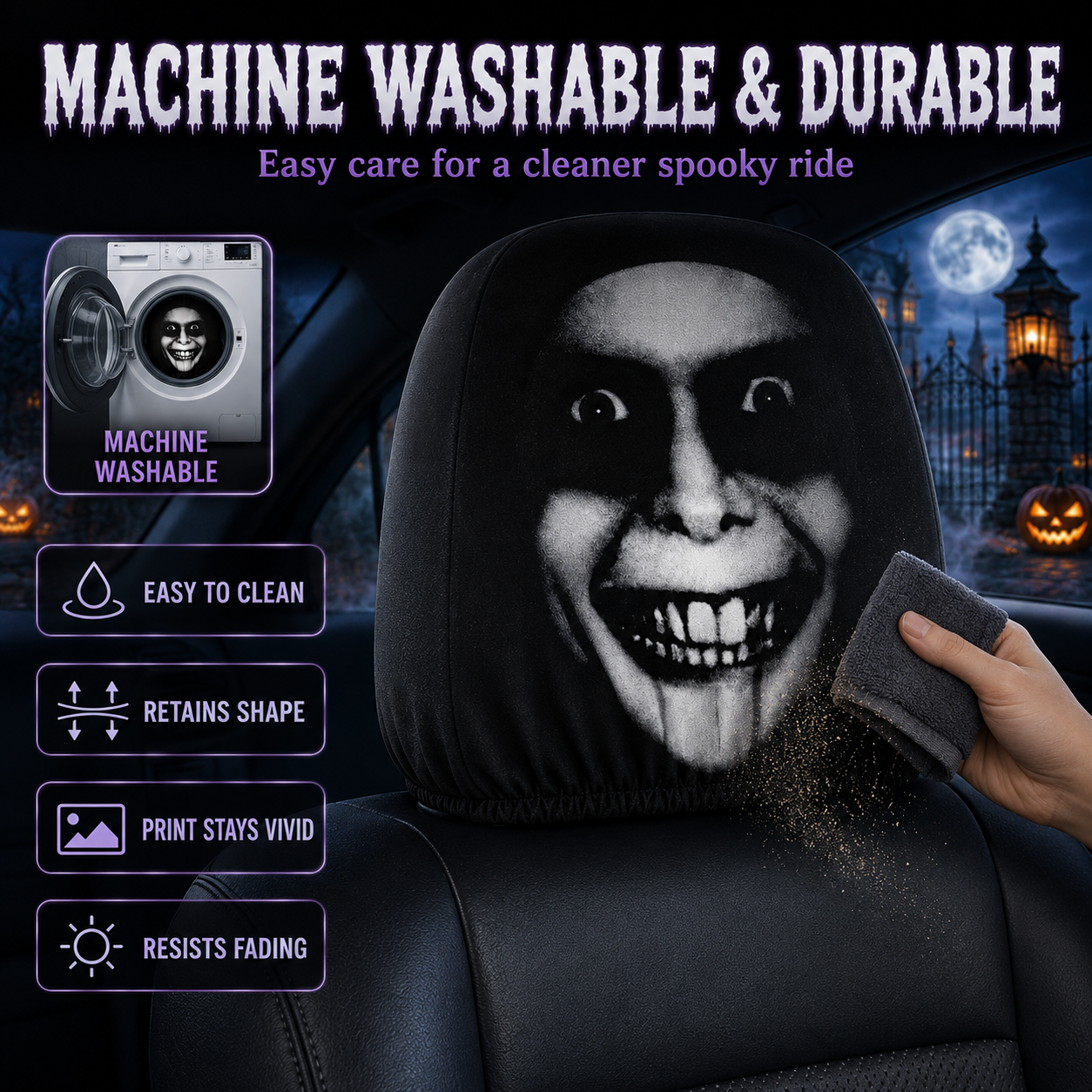 👻 Glowing-Eye Ghost Car Headrest Covers – Universal Scary Seat Protectors