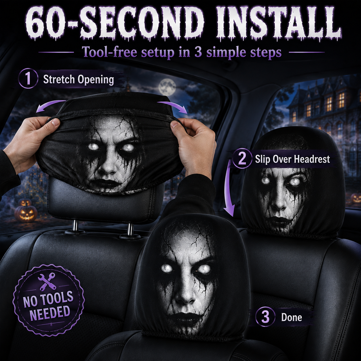 👻 Glowing-Eye Ghost Car Headrest Covers – Universal Scary Seat Protectors