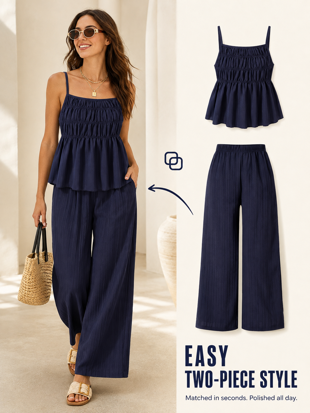 🔥 Limited-Time Sale  Women’s Solid Color Cami Top & Wide-Leg Pants 2-Piece Set