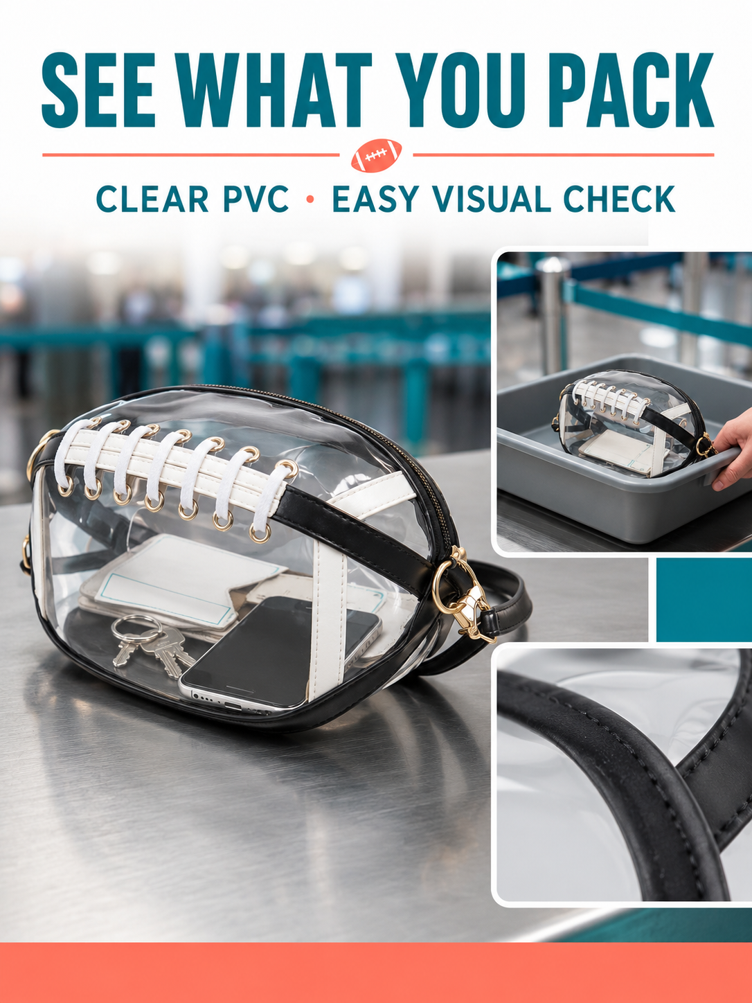 🏈 Game Day Favorite Clear Football Crossbody Bag with Adjustable Strap
