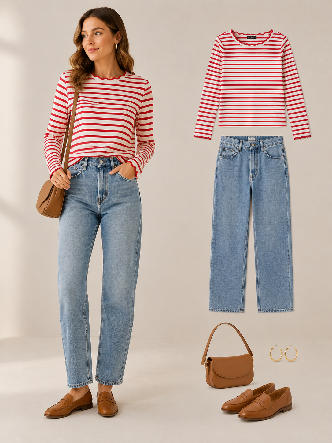 ✨ Fresh Fashion Pick Women’s Striped Long Sleeve Scalloped Trim Cotton Tee