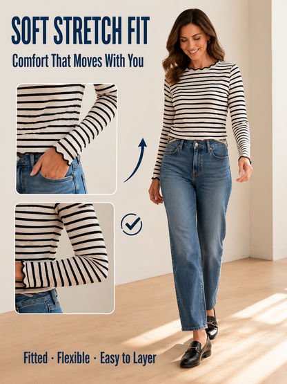 ✨ Fresh Fashion Pick Women’s Striped Long Sleeve Scalloped Trim Cotton Tee