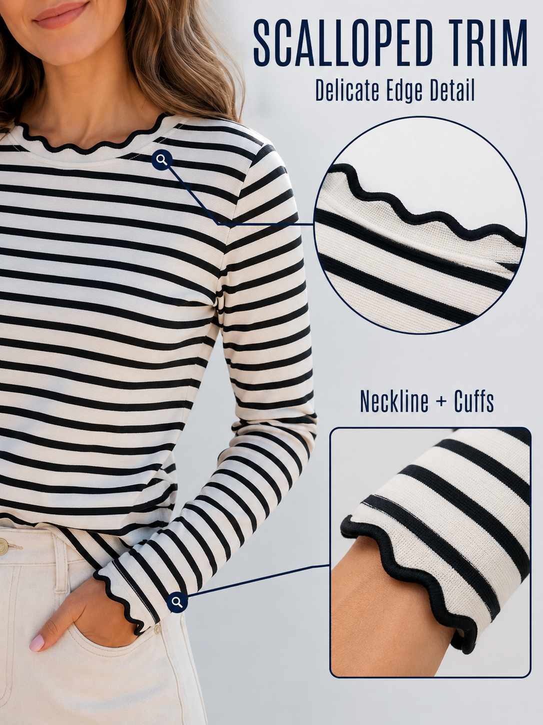 ✨ Fresh Fashion Pick Women’s Striped Long Sleeve Scalloped Trim Cotton Tee